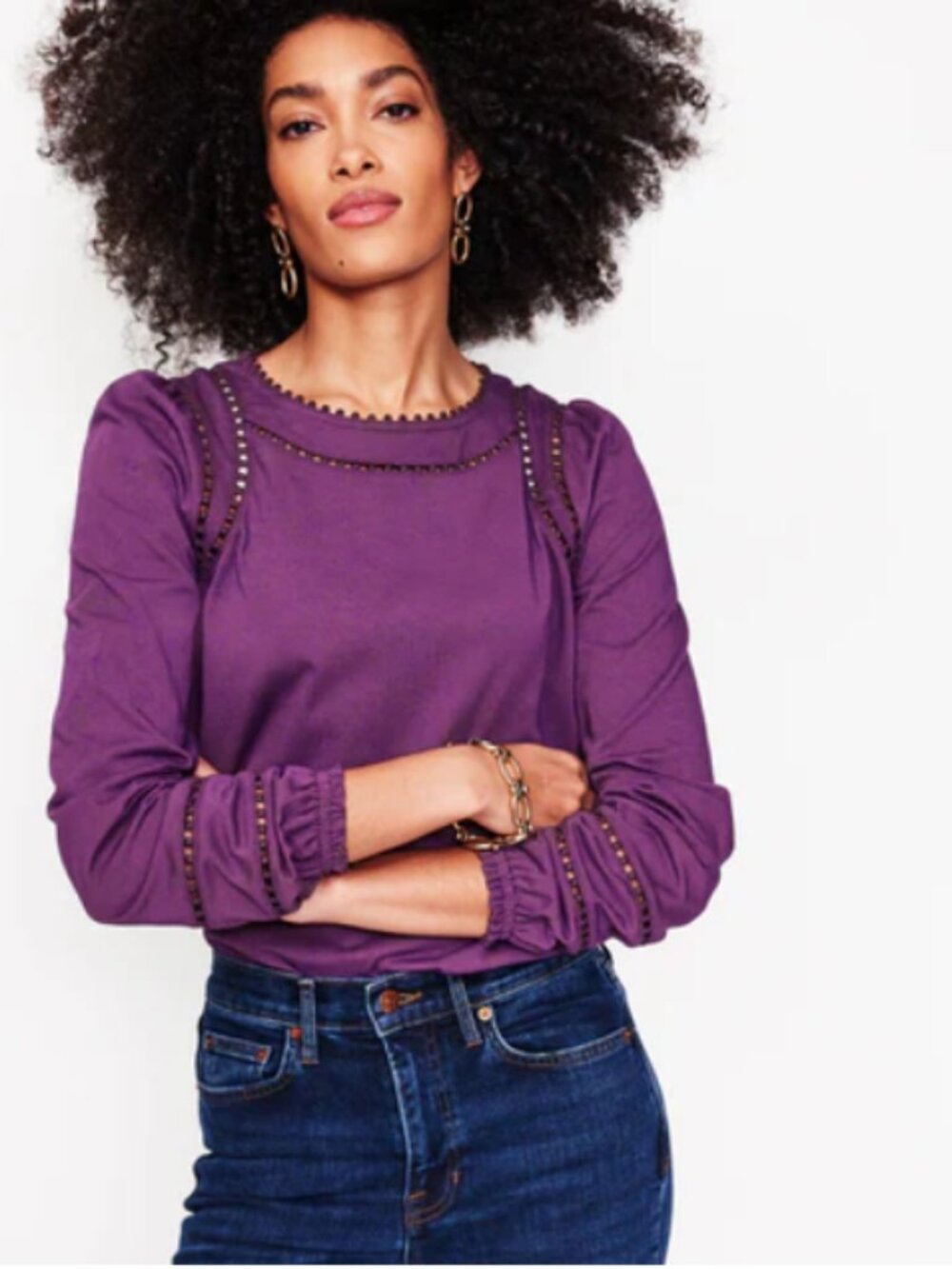 Boden Mila Long Sleeve 100% Cotton Jersey Top with trim, Purple, Size US 10